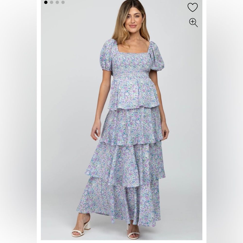 Blue Floral Printed Ruffled Maternity Dress